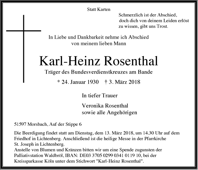  Traueranzeige für Karl-Heinz Rosenthal vom 07.03.2018 aus  Lokalanzeiger 