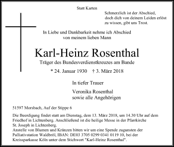 Anzeige von Karl-Heinz Rosenthal von Kölner Stadt-Anzeiger / Kölnische Rundschau / Express