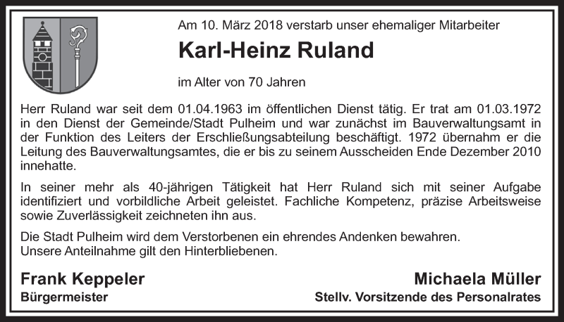  Traueranzeige für Karl-Heinz Ruland vom 24.03.2018 aus  Sonntags-Post 
