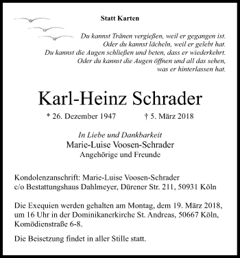 Anzeige von Karl-Heinz Schrader von Kölner Stadt-Anzeiger / Kölnische Rundschau / Express