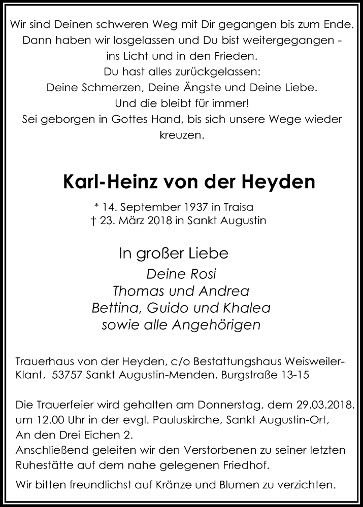  Traueranzeige für Karl-Heinz von der Heyden vom 27.03.2018 aus Kölner Stadt-Anzeiger / Kölnische Rundschau / Express