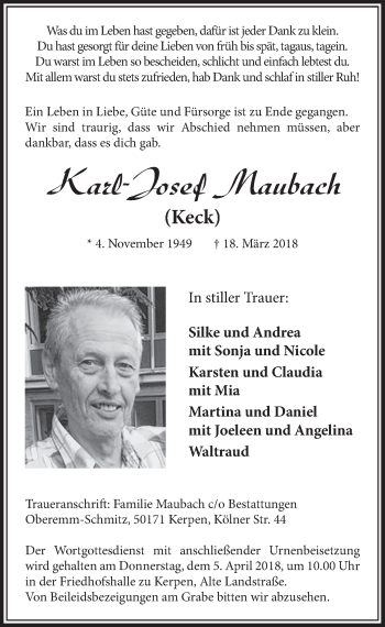 Anzeige von Karl-Josef Maubach von  Sonntags-Post 