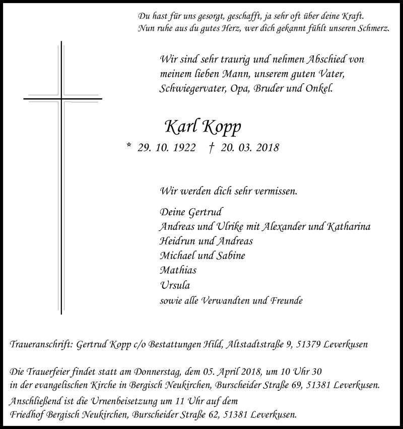  Traueranzeige für Karl Kopp vom 31.03.2018 aus Kölner Stadt-Anzeiger / Kölnische Rundschau / Express