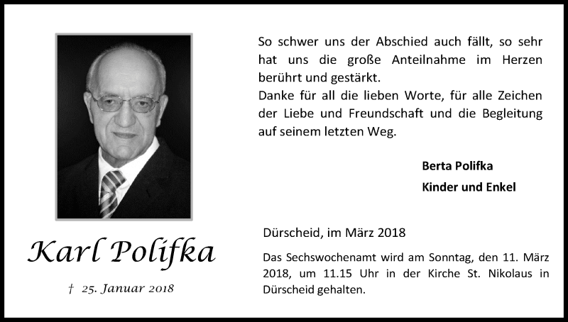  Traueranzeige für Karl Polifka vom 03.03.2018 aus Kölner Stadt-Anzeiger / Kölnische Rundschau / Express