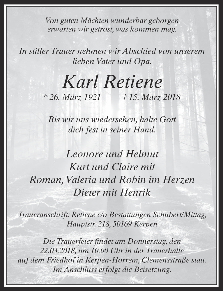  Traueranzeige für Karl Retiene vom 21.03.2018 aus  Werbepost 