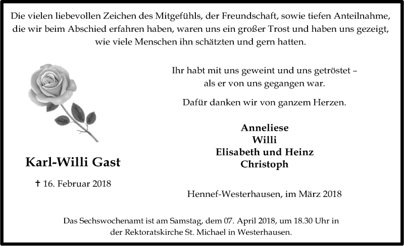  Traueranzeige für Karl-Willi Gast vom 14.03.2018 aus  Extra Blatt 