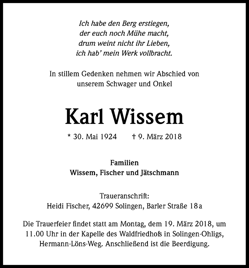  Traueranzeige für Karl Wissem vom 17.03.2018 aus Kölner Stadt-Anzeiger / Kölnische Rundschau / Express