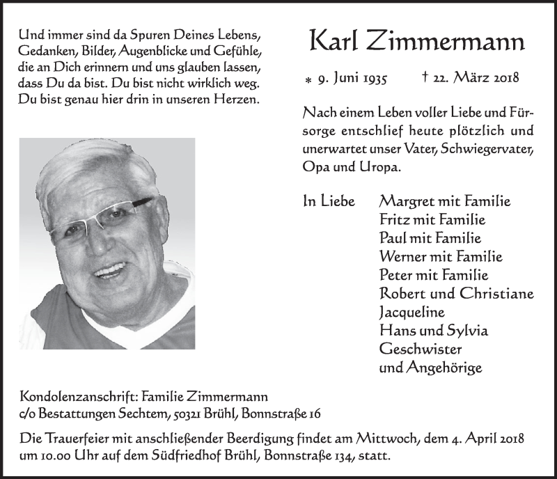  Traueranzeige für Karl Zimmermann vom 28.03.2018 aus  Schlossbote/Werbekurier 