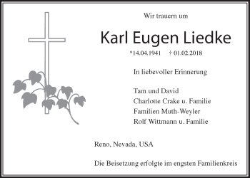 Anzeige von Karl Eugen Liedke von  Bergisches Sonntagsblatt 