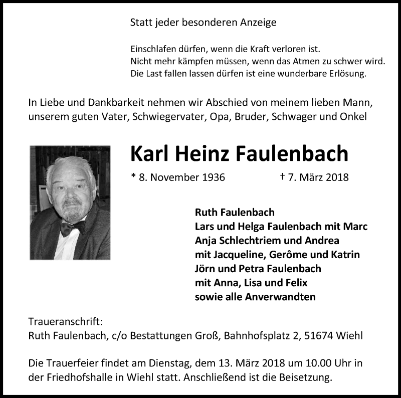  Traueranzeige für Karl Heinz Faulenbach vom 10.03.2018 aus Kölner Stadt-Anzeiger / Kölnische Rundschau / Express