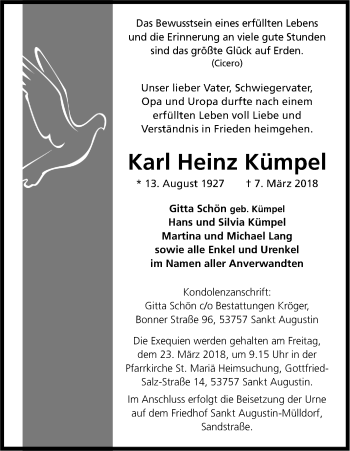 Anzeige von Karl Heinz Kümpel von Kölner Stadt-Anzeiger / Kölnische Rundschau / Express