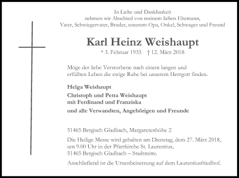 Anzeige von Karl Heinz Weishaupt von Kölner Stadt-Anzeiger / Kölnische Rundschau / Express