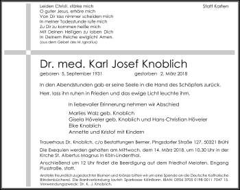 Anzeige von Karl Josef Knoblich von Kölner Stadt-Anzeiger / Kölnische Rundschau / Express