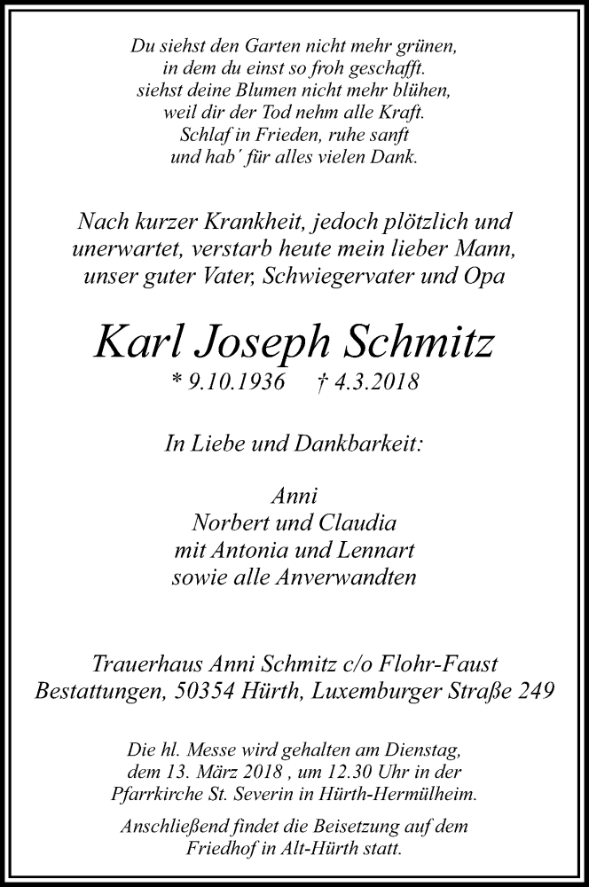  Traueranzeige für Karl Joseph Schmitz vom 10.03.2018 aus Kölner Stadt-Anzeiger / Kölnische Rundschau / Express