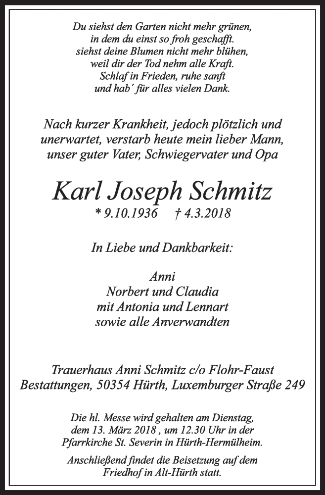  Traueranzeige für Karl Joseph Schmitz vom 10.03.2018 aus  Sonntags-Post 