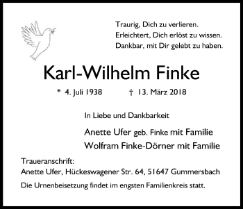 Anzeige von Karl Wilhelm Finke von Kölner Stadt-Anzeiger / Kölnische Rundschau / Express