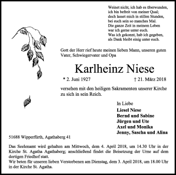 Anzeige von Karlheinz Niese von Kölner Stadt-Anzeiger / Kölnische Rundschau / Express