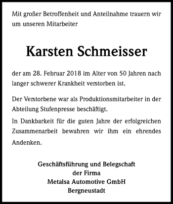 Anzeige von Karsten Schmeisser von Kölner Stadt-Anzeiger / Kölnische Rundschau / Express