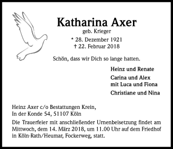 Anzeige von Katharina Axer von Kölner Stadt-Anzeiger / Kölnische Rundschau / Express