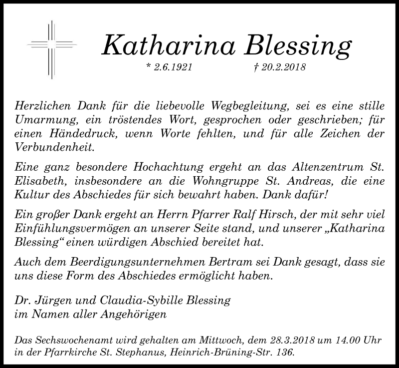  Traueranzeige für Katharina Blessing vom 17.03.2018 aus Kölner Stadt-Anzeiger / Kölnische Rundschau / Express