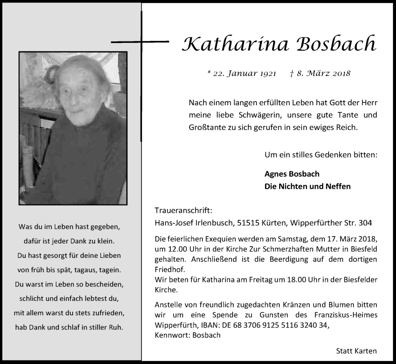  Traueranzeige für Katharina Bosbach vom 15.03.2018 aus Kölner Stadt-Anzeiger / Kölnische Rundschau / Express