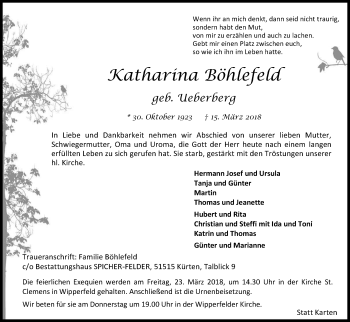Anzeige von Katharina Böhlefeld von Kölner Stadt-Anzeiger / Kölnische Rundschau / Express