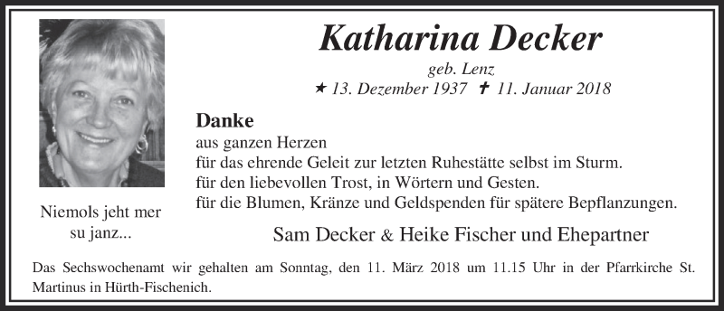  Traueranzeige für Katharina Decker vom 07.03.2018 aus  Wochenende 