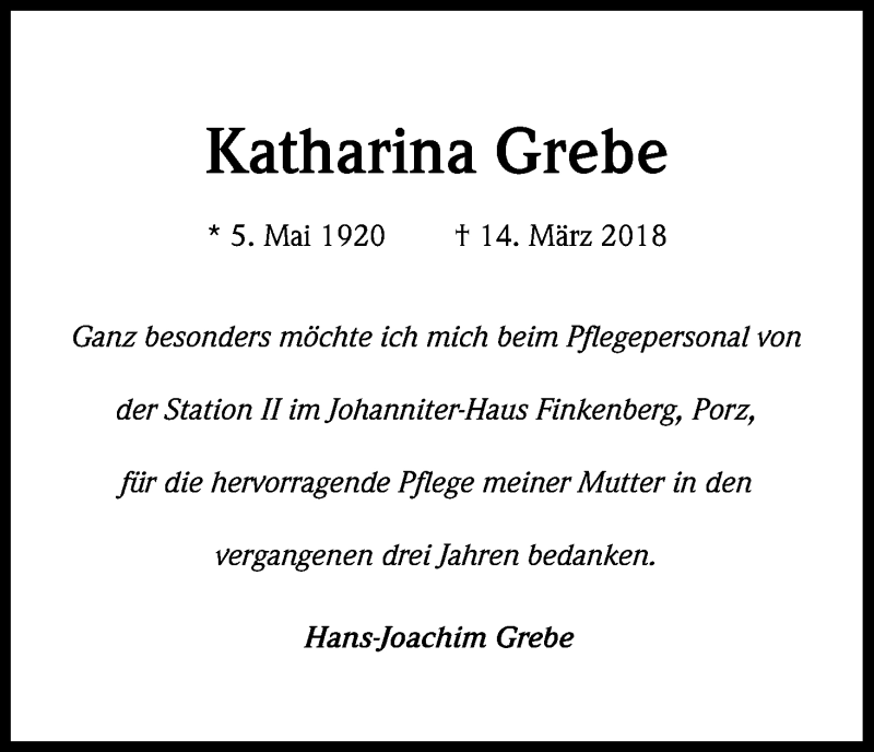  Traueranzeige für Katharina Grebe vom 17.03.2018 aus Kölner Stadt-Anzeiger / Kölnische Rundschau / Express