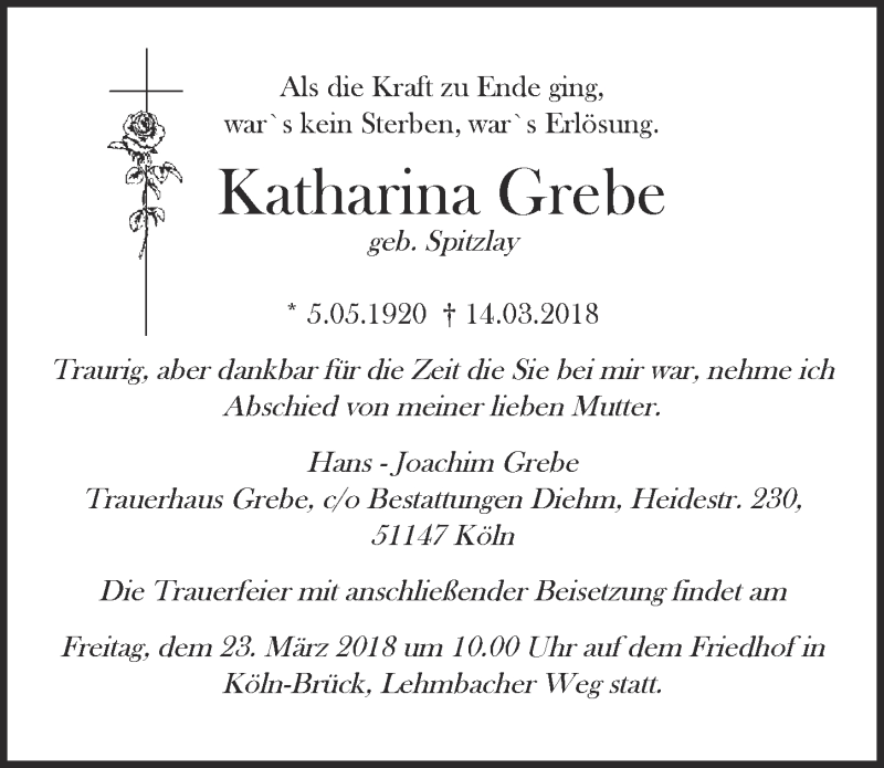  Traueranzeige für Katharina Grebe vom 21.03.2018 aus  Kölner Wochenspiegel 