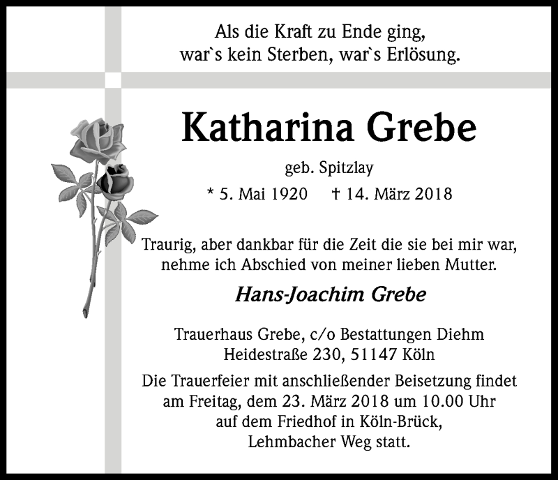  Traueranzeige für Katharina Grebe vom 17.03.2018 aus Kölner Stadt-Anzeiger / Kölnische Rundschau / Express