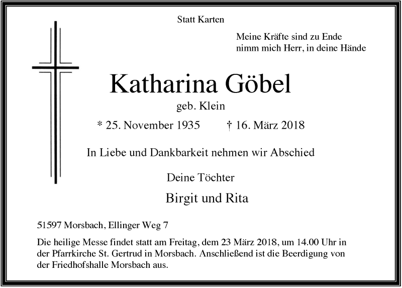  Traueranzeige für Katharina Göbel vom 21.03.2018 aus  Lokalanzeiger 