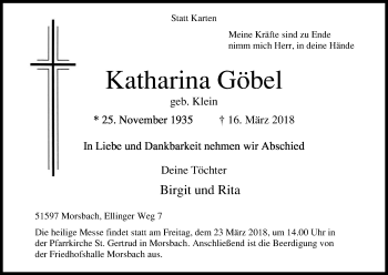 Anzeige von Katharina Göbel von Kölner Stadt-Anzeiger / Kölnische Rundschau / Express
