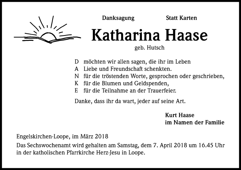  Traueranzeige für Katharina Haase vom 29.03.2018 aus Kölner Stadt-Anzeiger / Kölnische Rundschau / Express