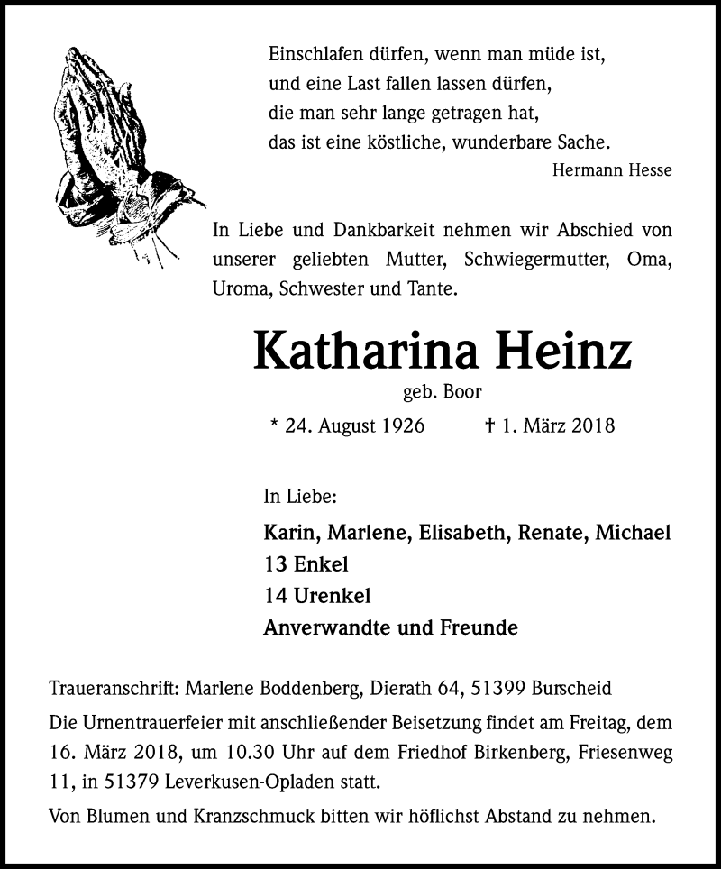  Traueranzeige für Katharina Heinz vom 13.03.2018 aus Kölner Stadt-Anzeiger / Kölnische Rundschau / Express