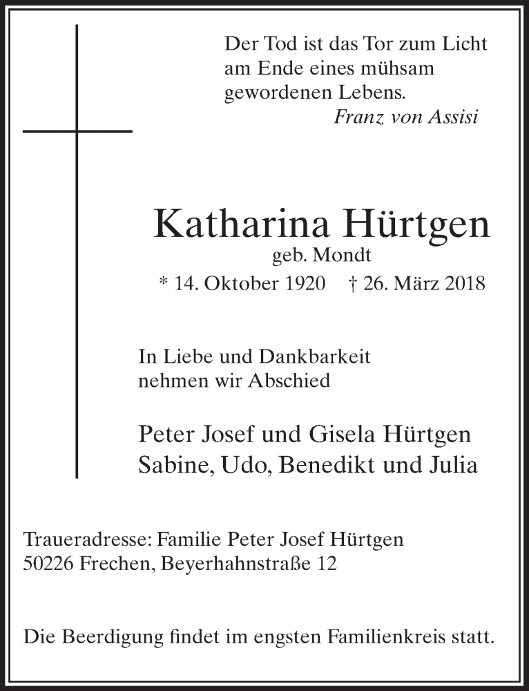  Traueranzeige für Katharina Hürtgen vom 31.03.2018 aus  Sonntags-Post 