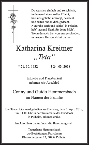 Anzeige von Katharina Kreitner von  Sonntags-Post 