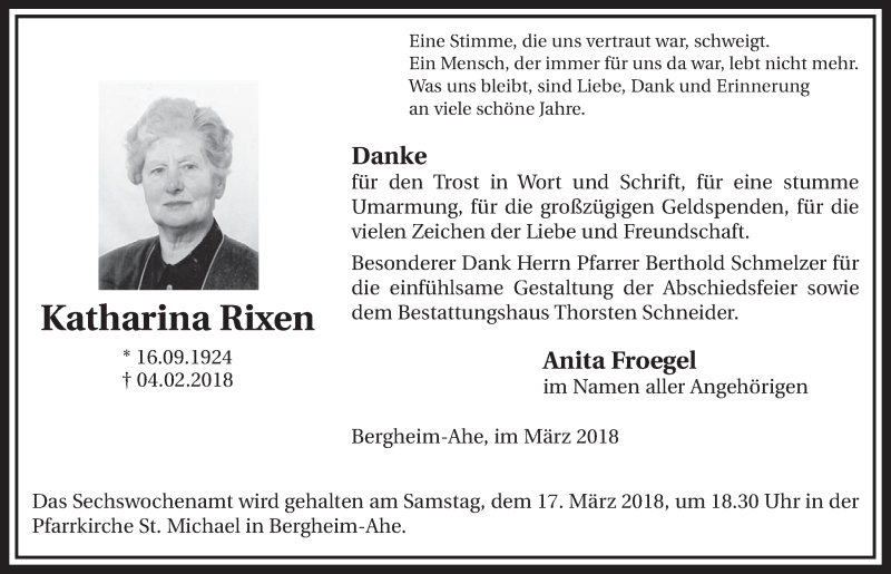  Traueranzeige für Katharina Rixen vom 10.03.2018 aus  Sonntags-Post 