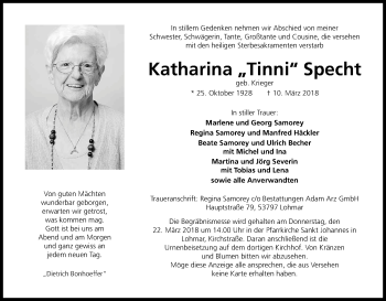 Anzeige von Katharina Specht von Kölner Stadt-Anzeiger / Kölnische Rundschau / Express