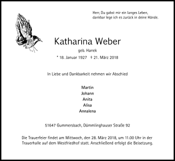 Anzeige von Katharina Weber von Kölner Stadt-Anzeiger / Kölnische Rundschau / Express