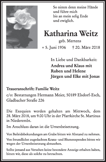 Anzeige von Katharina Weitz von  Sonntags-Post 