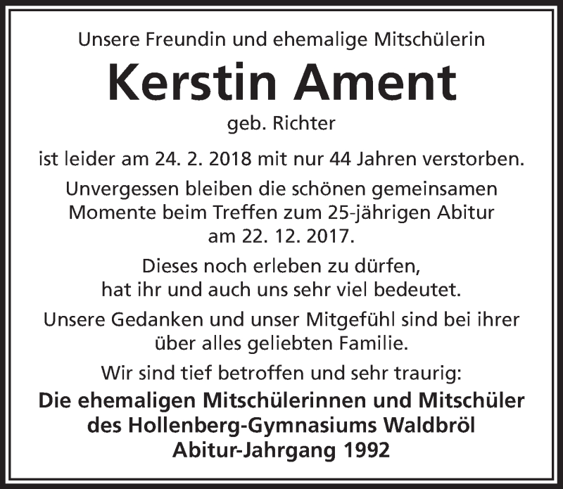  Traueranzeige für Kerstin Ament vom 07.03.2018 aus  Lokalanzeiger 
