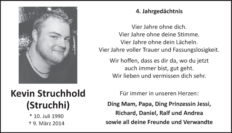  Traueranzeige für Kevin Struchhold vom 07.03.2018 aus  Kölner Wochenspiegel 