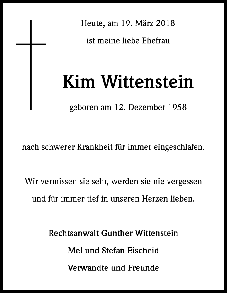  Traueranzeige für Kim Wittenstein vom 24.03.2018 aus Kölner Stadt-Anzeiger / Kölnische Rundschau / Express