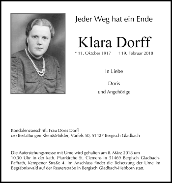 Anzeige von Klara Dorff von Kölner Stadt-Anzeiger / Kölnische Rundschau / Express