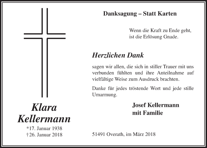  Traueranzeige für Klara Kellermann vom 24.03.2018 aus  Bergisches Sonntagsblatt 