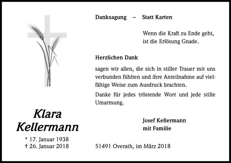  Traueranzeige für Klara Kellermann vom 24.03.2018 aus Kölner Stadt-Anzeiger / Kölnische Rundschau / Express