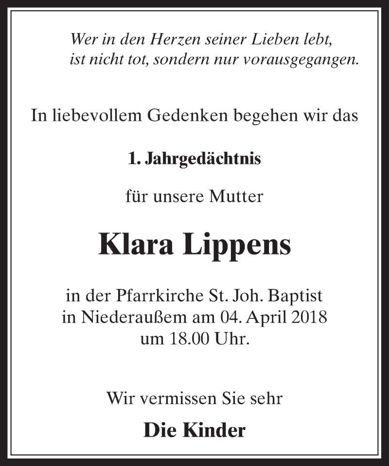  Traueranzeige für Klara Lippens vom 28.03.2018 aus  Werbepost 