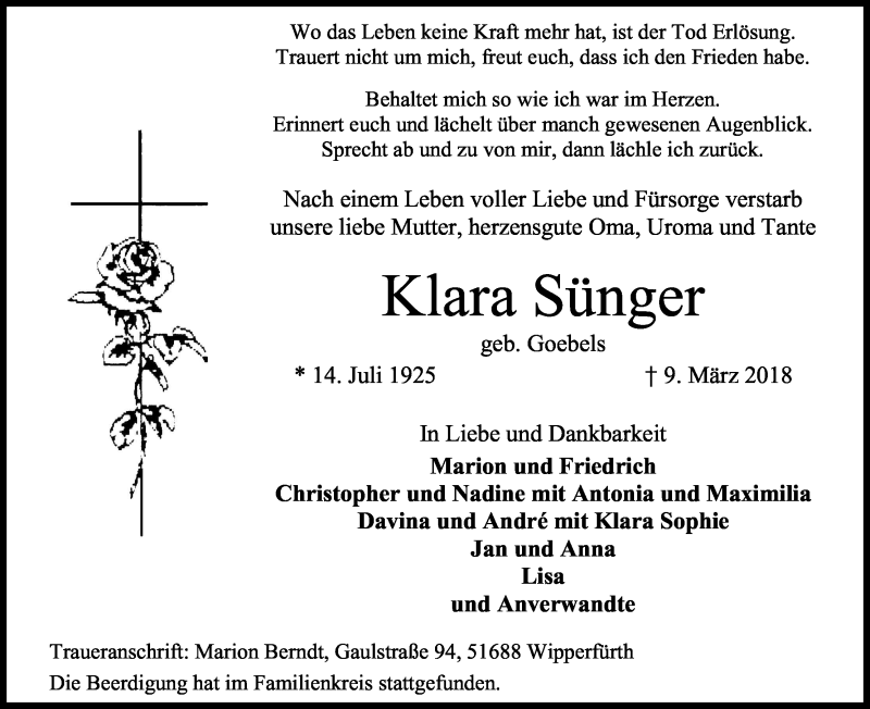  Traueranzeige für Klara Sünger vom 24.03.2018 aus Kölner Stadt-Anzeiger / Kölnische Rundschau / Express