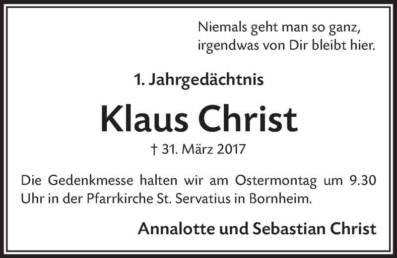  Traueranzeige für Klaus Christ vom 28.03.2018 aus  Schaufenster/Blickpunkt 
