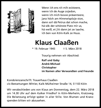 Anzeige von Klaus Claassen von Kölner Stadt-Anzeiger / Kölnische Rundschau / Express
